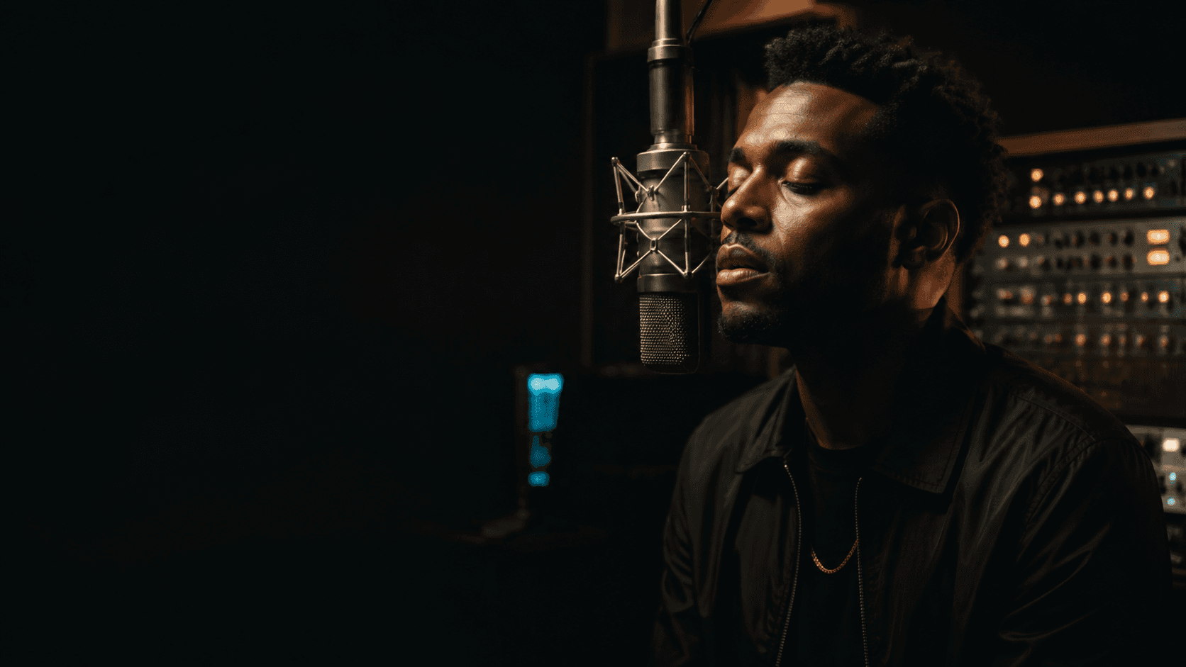 Independent artist performing at a microphone in a dimly lit studio